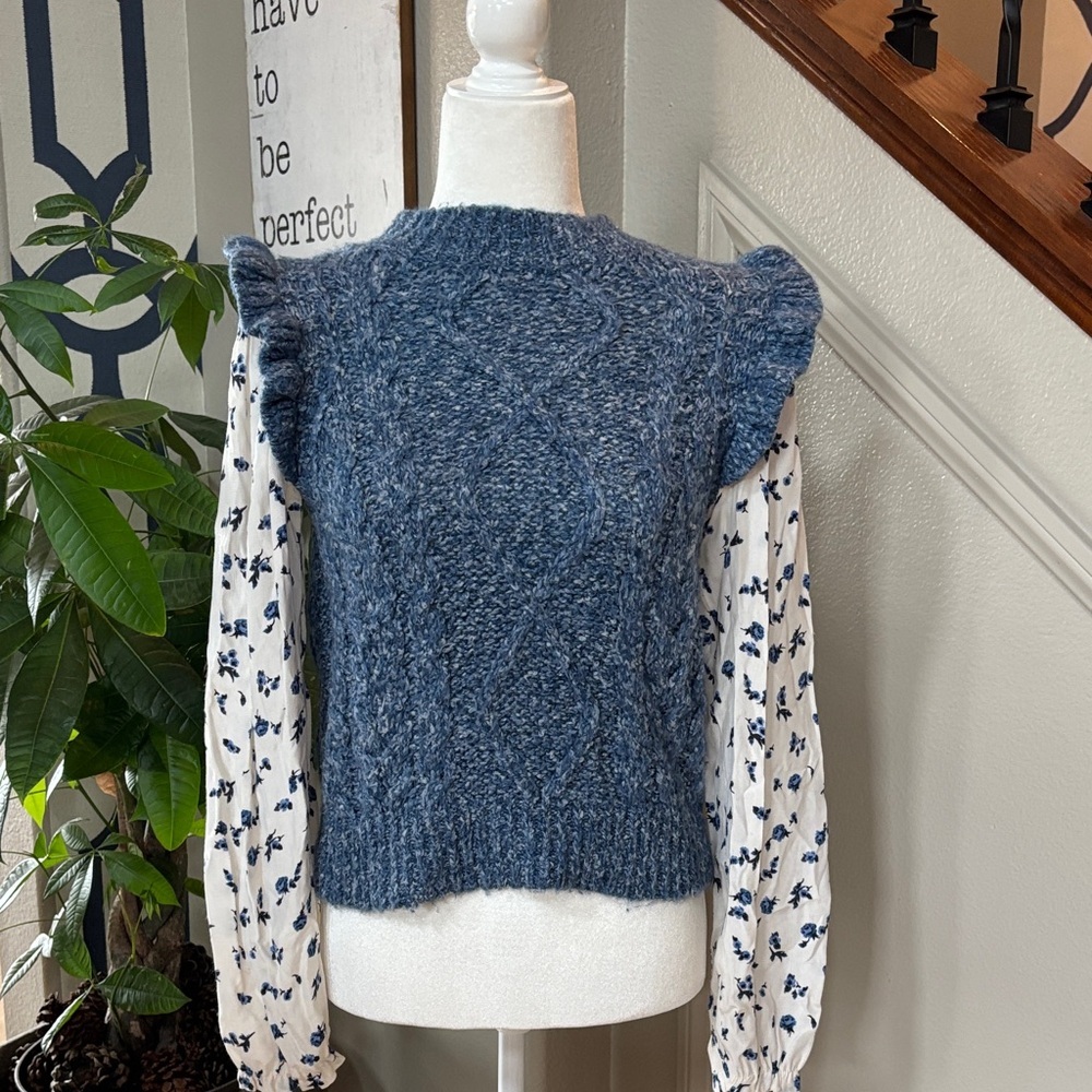 Anthropology Blue Cable Knit Sweater with Floral Sleeves